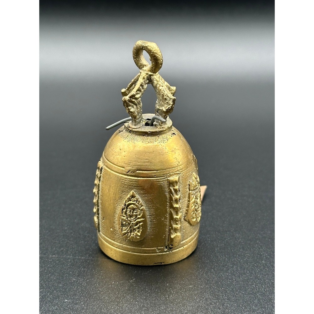 Vintage 3.5" Brass Buddhist Windchime Bell Relief Carving Meditation Decor
